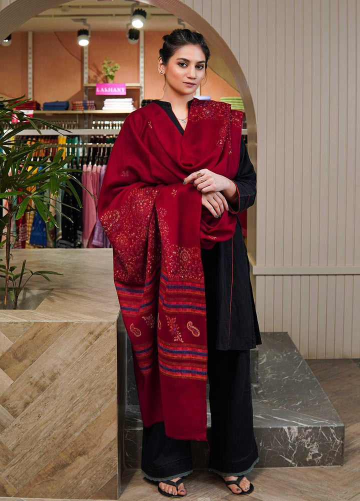 Sanaulla Exclusive Range  Pashmina  Shawls Multi Palla Emb C KPS-40 Red - Pashmina Shawls