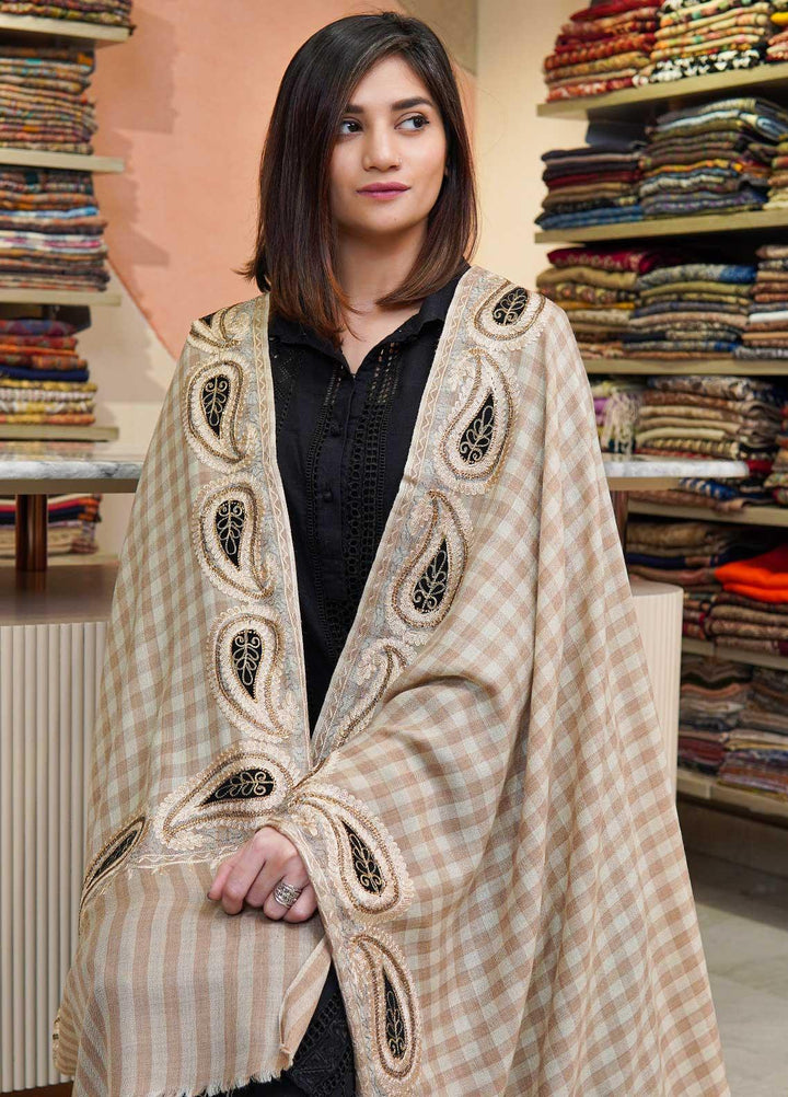 Sanaulla Exclusive Range  Pashmina  Shawls Siroski Pasily Ad KPS-30 Fawn03 - Pashmina Shawls