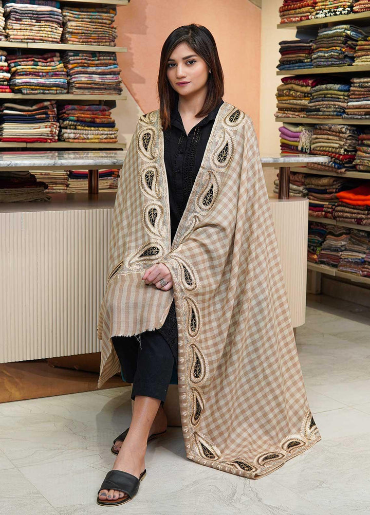 Sanaulla Exclusive Range  Pashmina  Shawls Siroski Pasily Ad KPS-30 Fawn03 - Pashmina Shawls