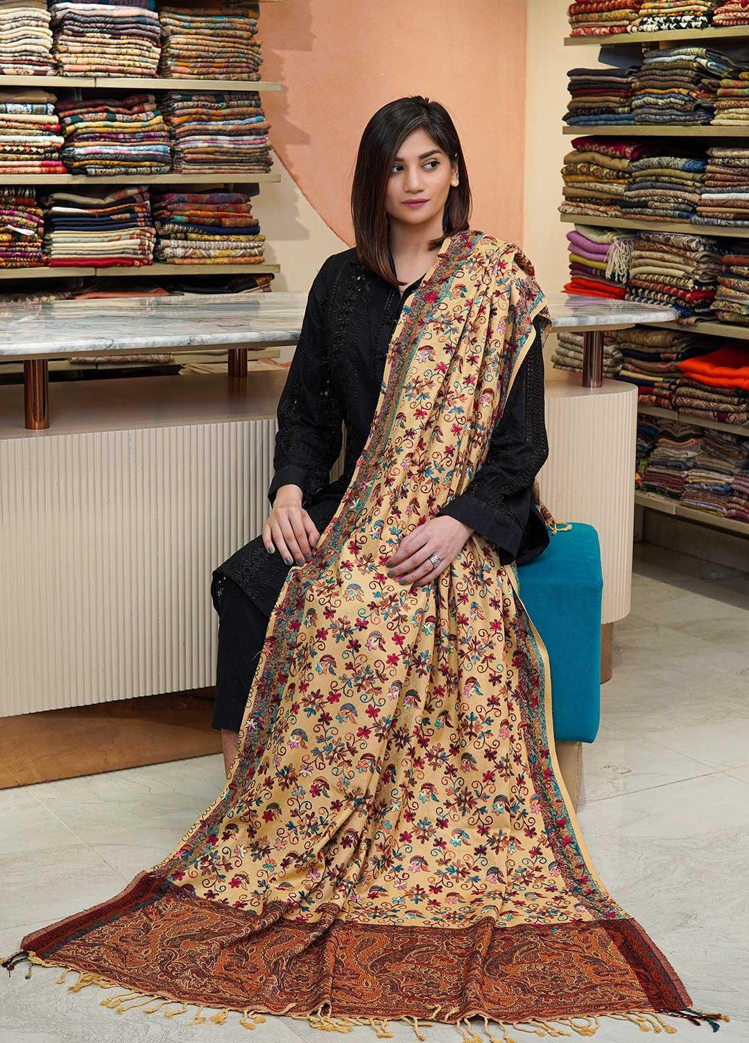 Sanaulla Exclusive Range  Pashmina  Shawls Kaani Palla Jaal KPS-32 Multi06 - Pashmina Shawls