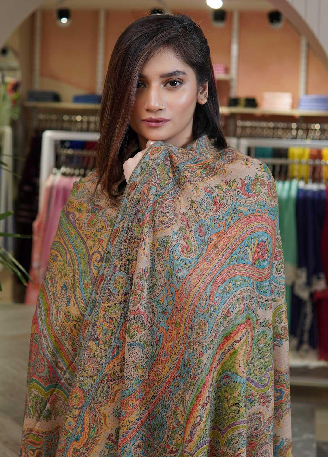 Sanaulla Exclusive Range  Pashmina  Shawls MAMA-42 Multi-3 - Pashmina Shawls