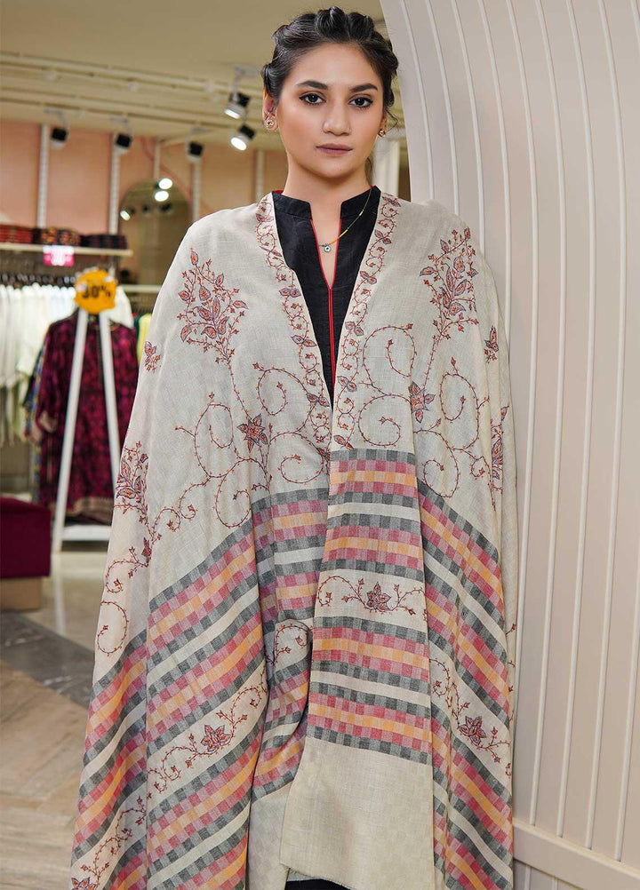 Sanaulla Exclusive Range  Pashmina  Shawls Multi Palla Emb DD KPS-45 Fawn02 - Pashmina Shawls