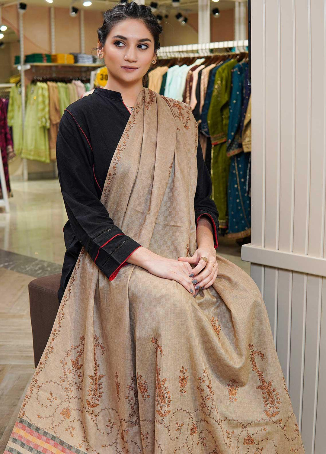 Sanaulla Exclusive Range  Pashmina  Shawls Multi Palla Emb DD KPS-45 Brown01 - Pashmina Shawls