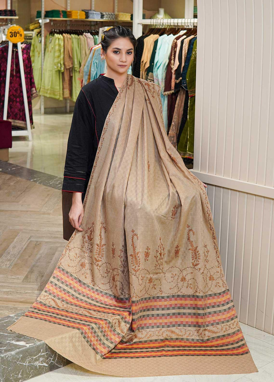 Sanaulla Exclusive Range  Pashmina  Shawls Multi Palla Emb DD KPS-45 Brown01 - Pashmina Shawls