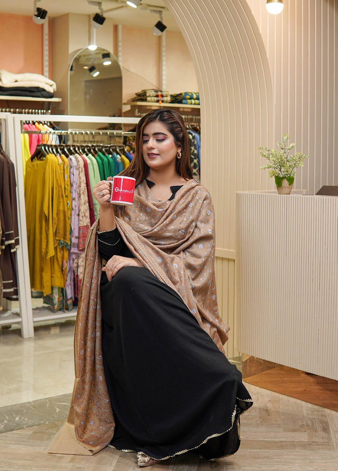 Sanaulla Exclusive Range  Pashmina  Shawls MAMA-47 Fawn-3      - Pashmina Shawls