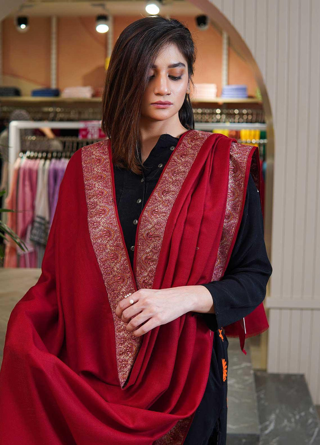 Sanaulla Exclusive Range  Pashmina  Shawls Mh Dour Sdt KPS-09 Red - Pashmina Shawls