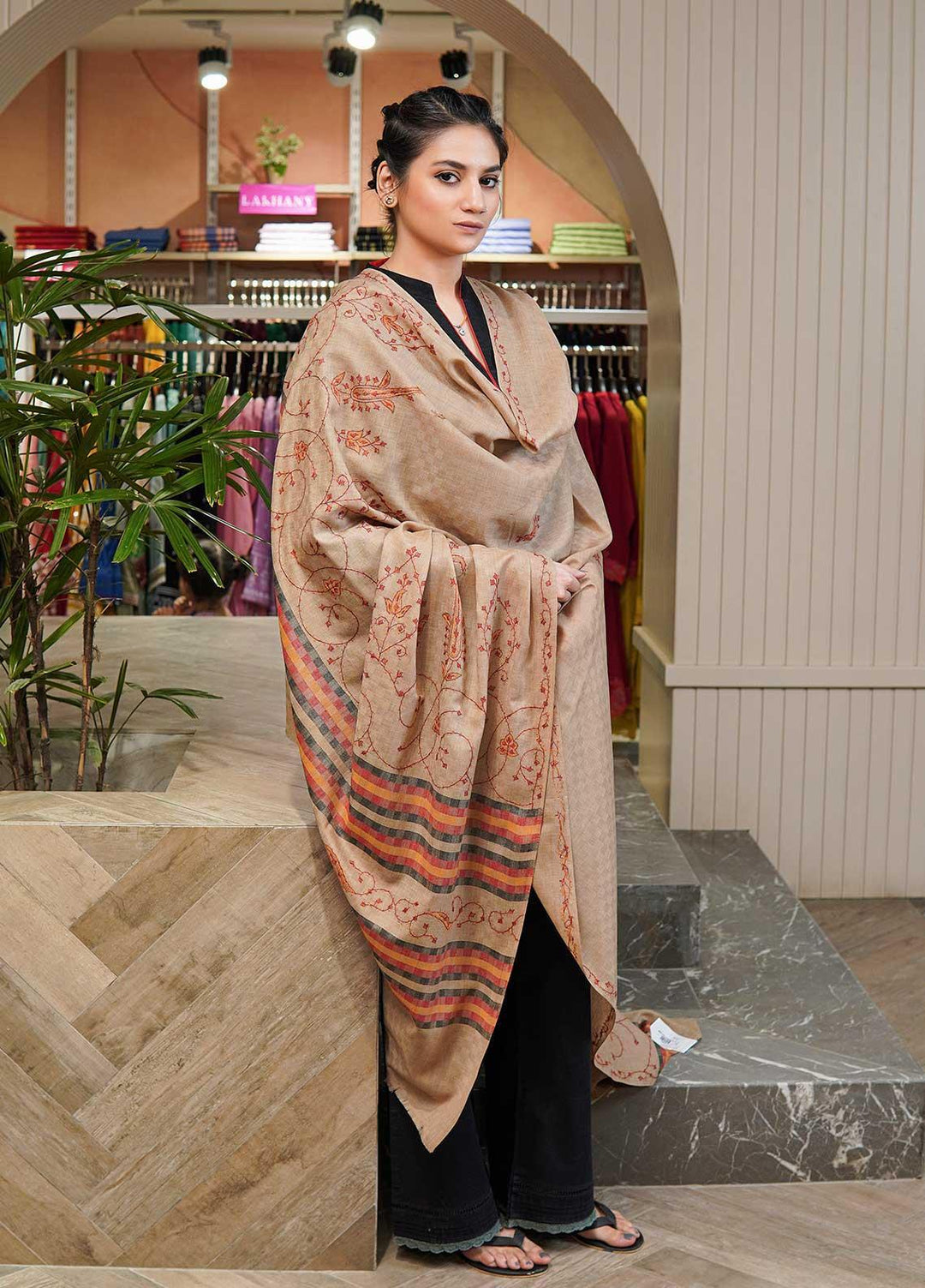 Sanaulla Exclusive Range  Pashmina  Shawls Multi Palla Emb DD KPS-45 Brown02 - Pashmina Shawls