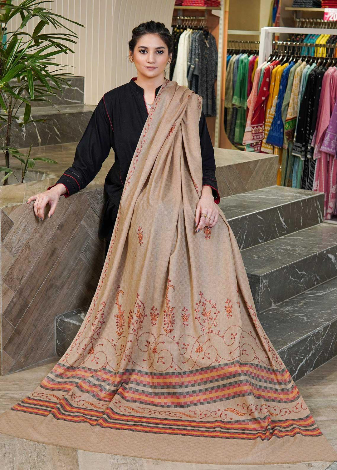 Sanaulla Exclusive Range  Pashmina  Shawls Multi Palla Emb DD KPS-45 Brown02 - Pashmina Shawls