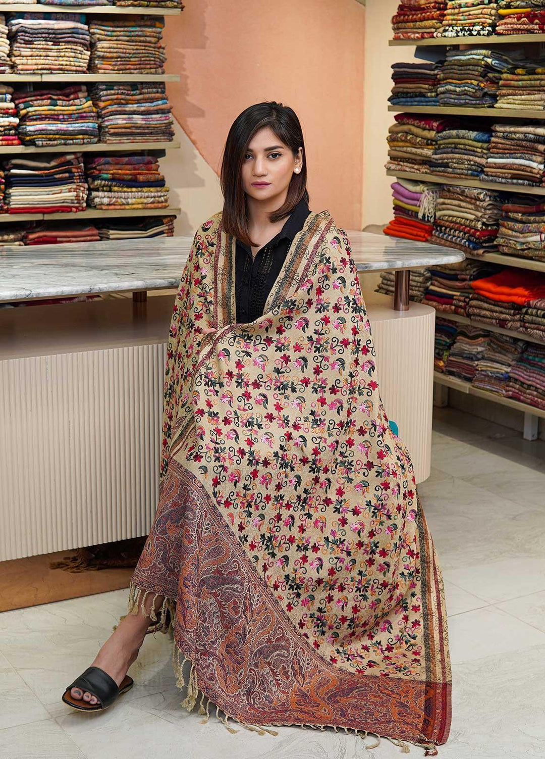 Sanaulla Exclusive Range  Pashmina  Shawls Kaani Palla Jaal KPS-32 Multi14 - Pashmina Shawls