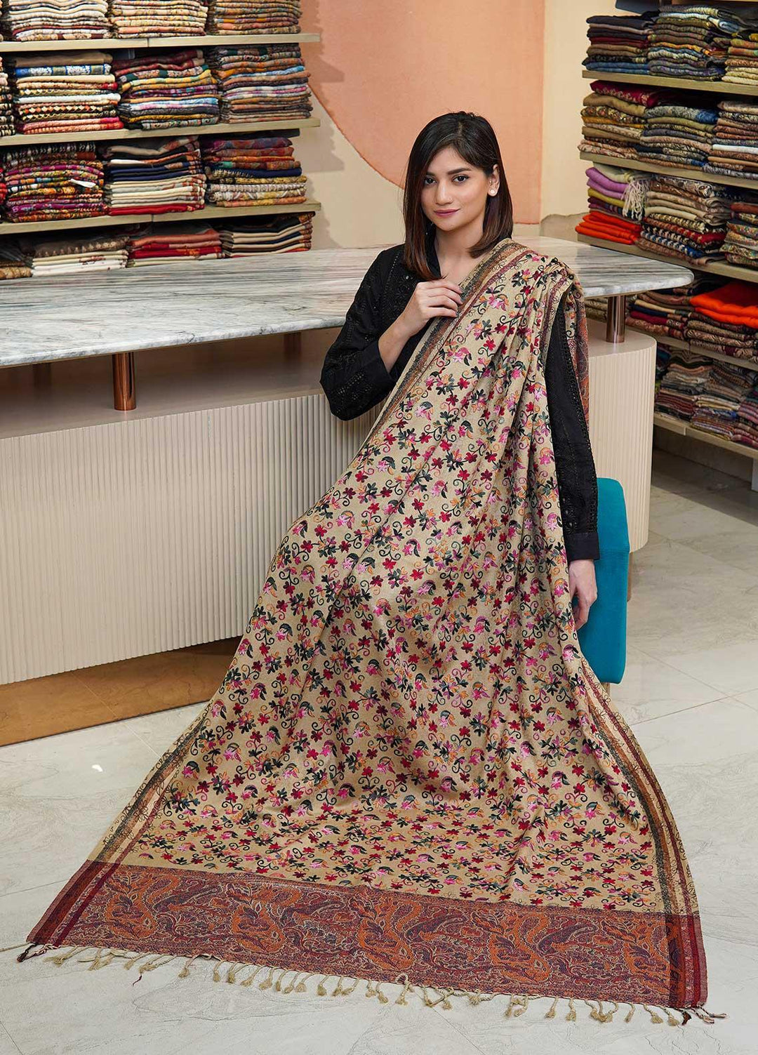 Sanaulla Exclusive Range  Pashmina  Shawls Kaani Palla Jaal KPS-32 Multi14 - Pashmina Shawls