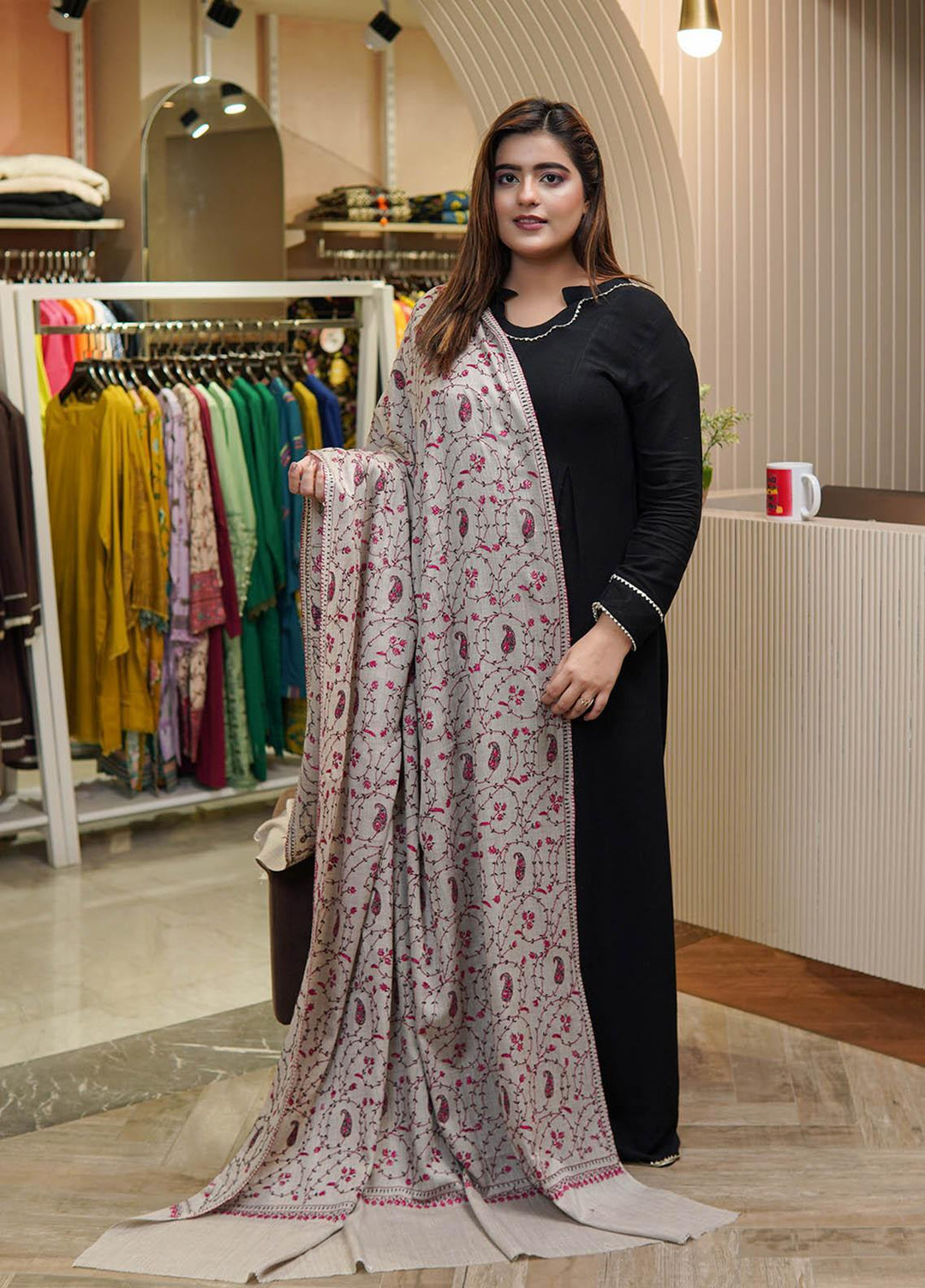 Sanaulla Exclusive Range  Pashmina  Shawls MAMA-47 Grey-1      - Pashmina Shawls