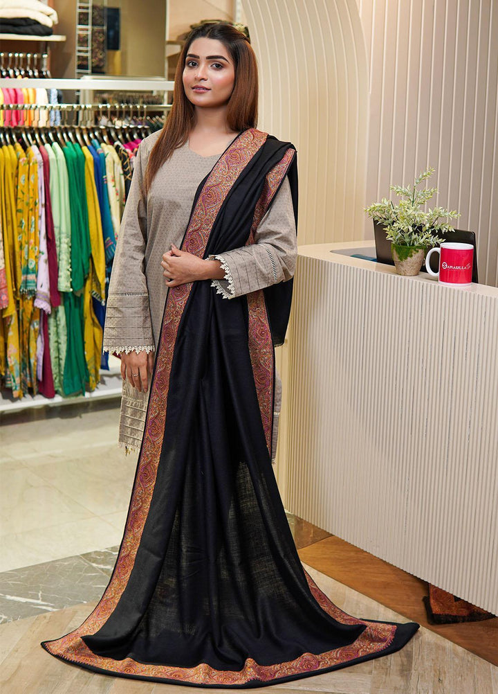 Sanaulla Exclusive Range  Pashmina  Shawls Mh Dour Sdt KPS-09 Black06 - Pashmina Shawls