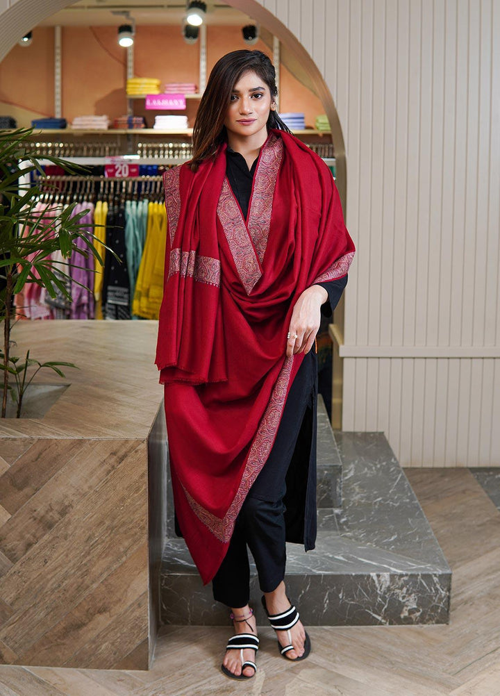 Sanaulla Exclusive Range  Pashmina  Shawls Mh Dour Sdt KPS-09 Red03 - Pashmina Shawls