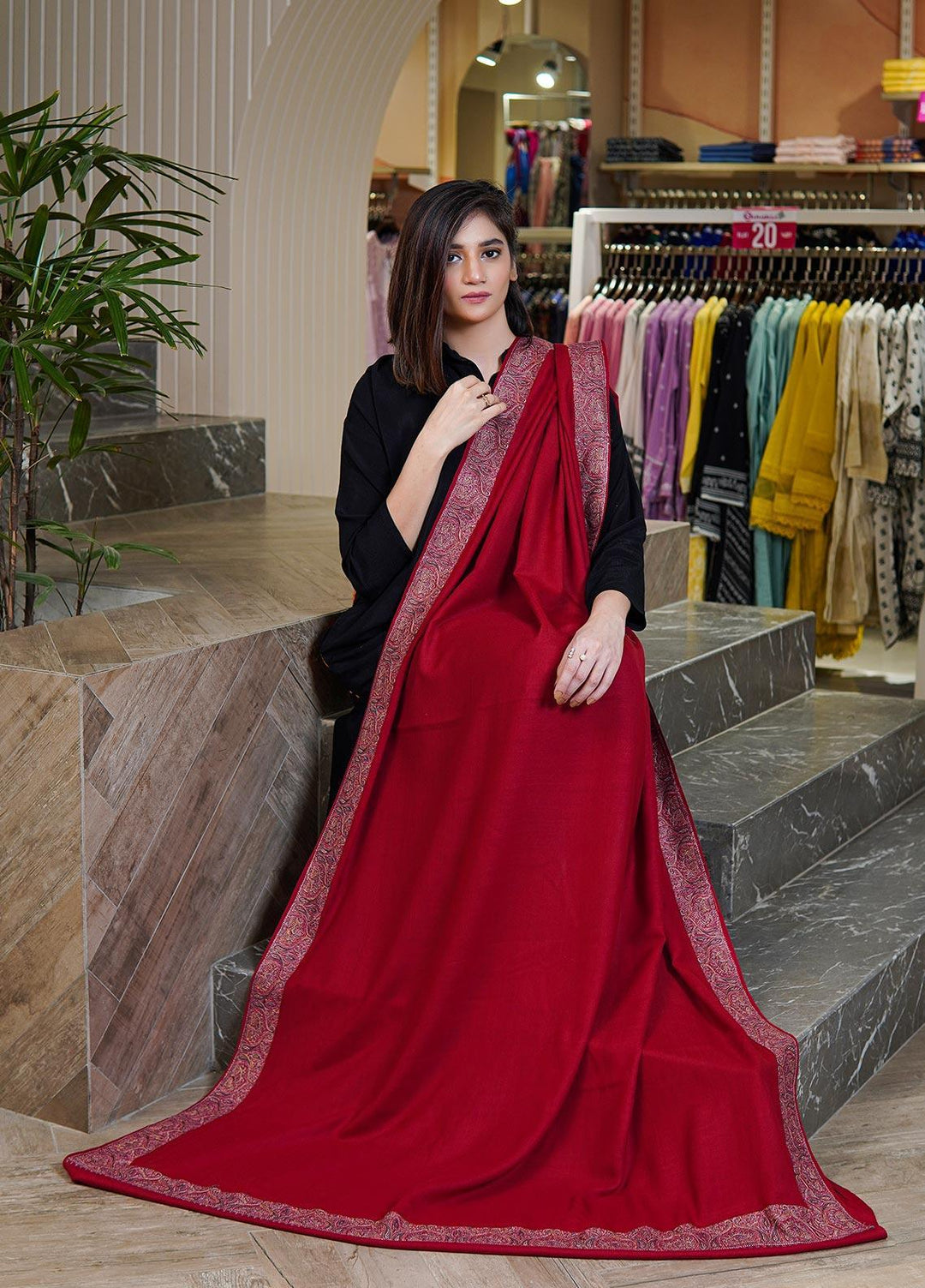 Sanaulla Exclusive Range  Pashmina  Shawls Mh Dour Sdt KPS-09 Red03 - Pashmina Shawls