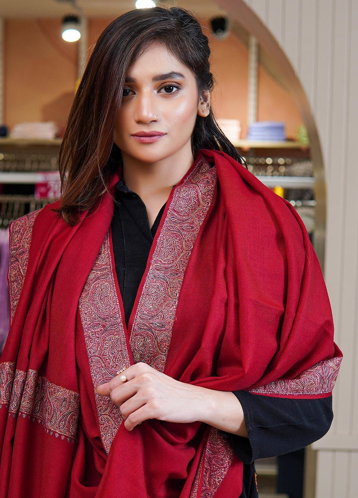 Sanaulla Exclusive Range  Pashmina  Shawls Mh Dour Sdt KPS-09 Red03 - Pashmina Shawls