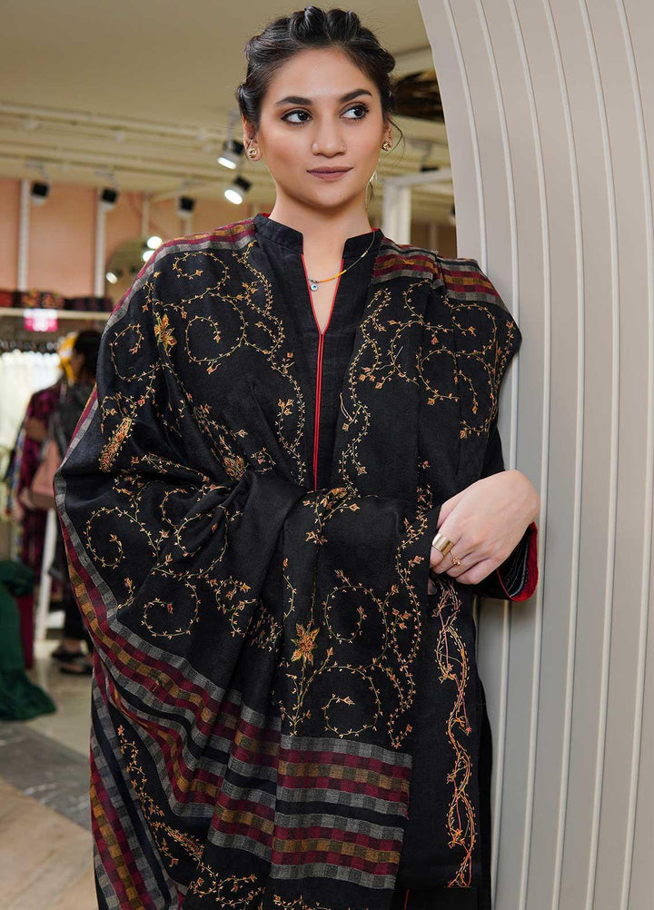 Sanaulla Exclusive Range  Pashmina  Shawls Multi Palla Emb DD KPS-45 Black01 - Pashmina Shawls