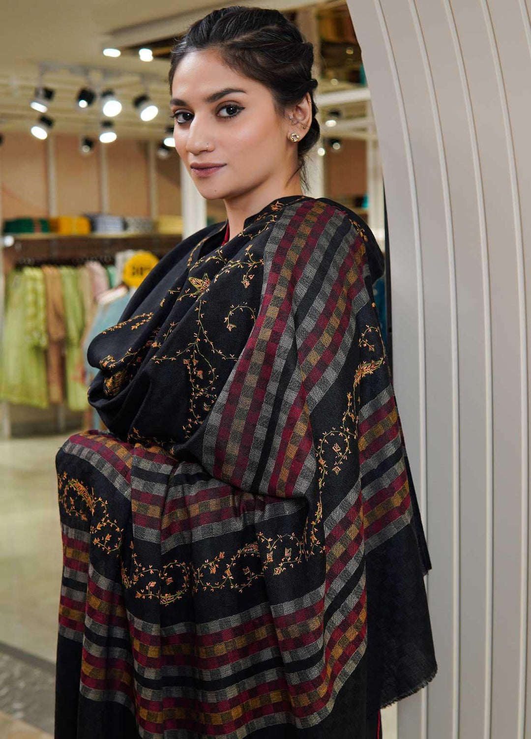 Sanaulla Exclusive Range  Pashmina  Shawls Multi Palla Emb DD KPS-45 Black01 - Pashmina Shawls