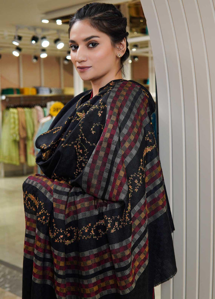 Sanaulla Exclusive Range  Pashmina  Shawls Multi Palla Emb DD KPS-45 Black01 - Pashmina Shawls