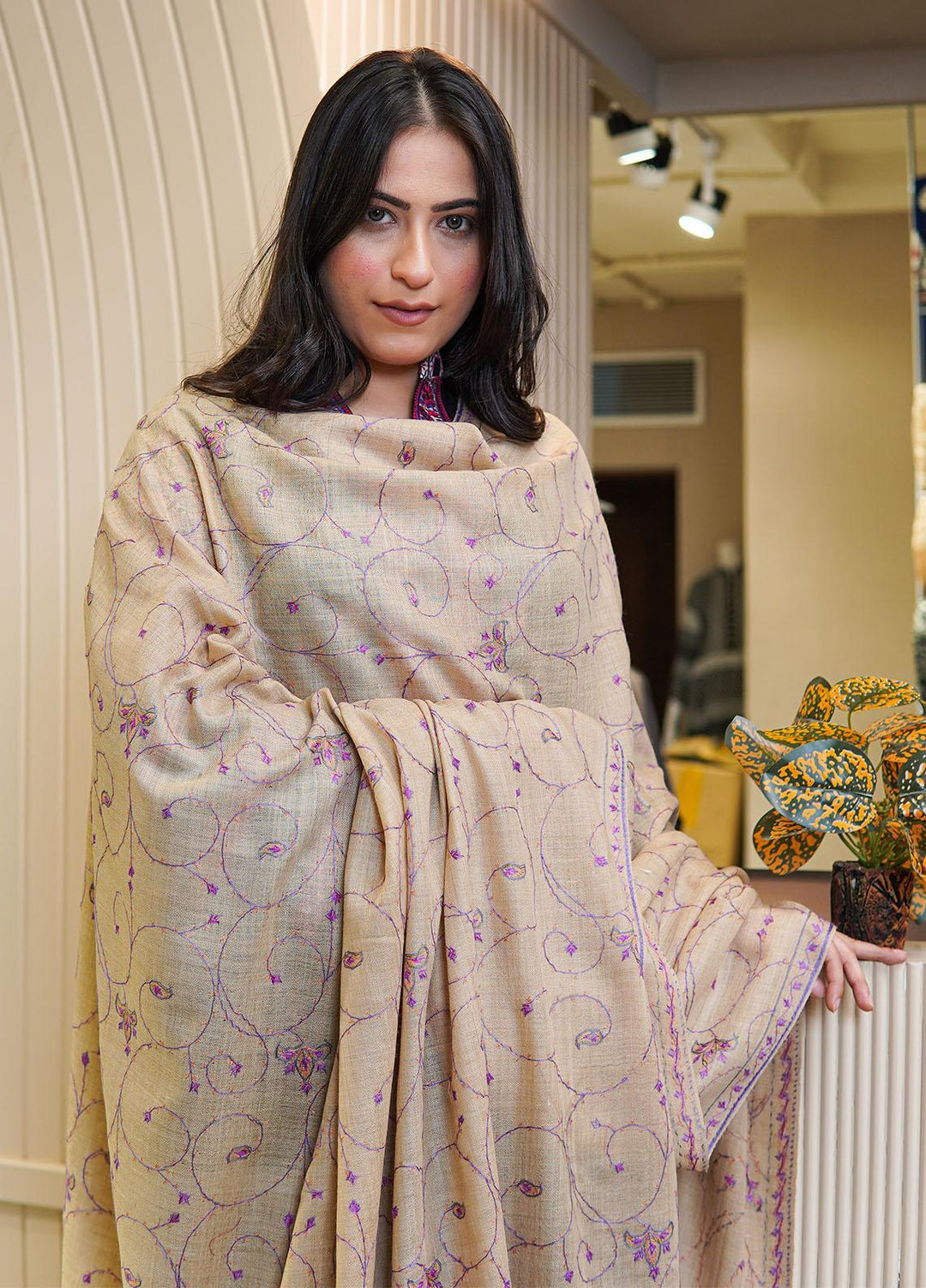 Sanaulla Exclusive Range  Pashmina  Shawls MAMA-21 Fawn-3 - Pashmina Shawls