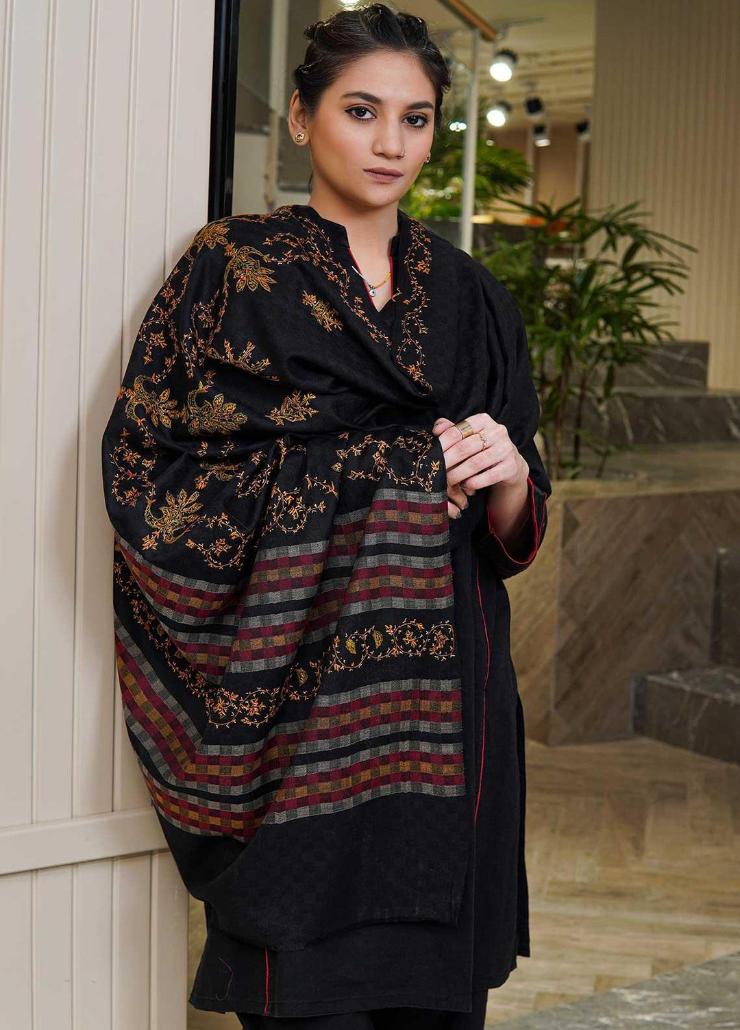Sanaulla Exclusive Range  Pashmina  Shawls Multi Palla Emb DD KPS-45 Black05 - Pashmina Shawls