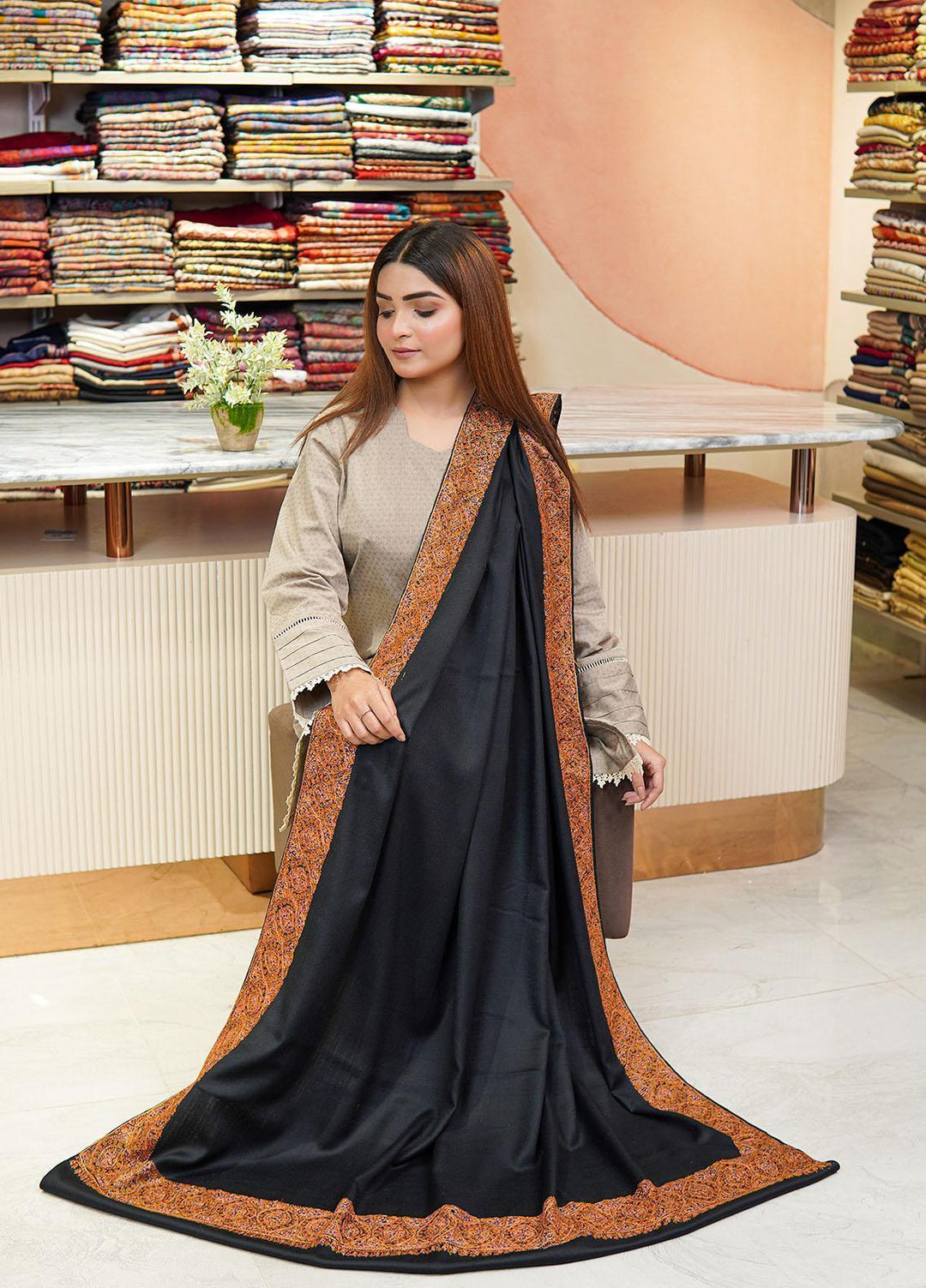 Sanaulla Exclusive Range  Pashmina  Shawls Top Dour DD KPS-17 Black - Pashmina Shawls