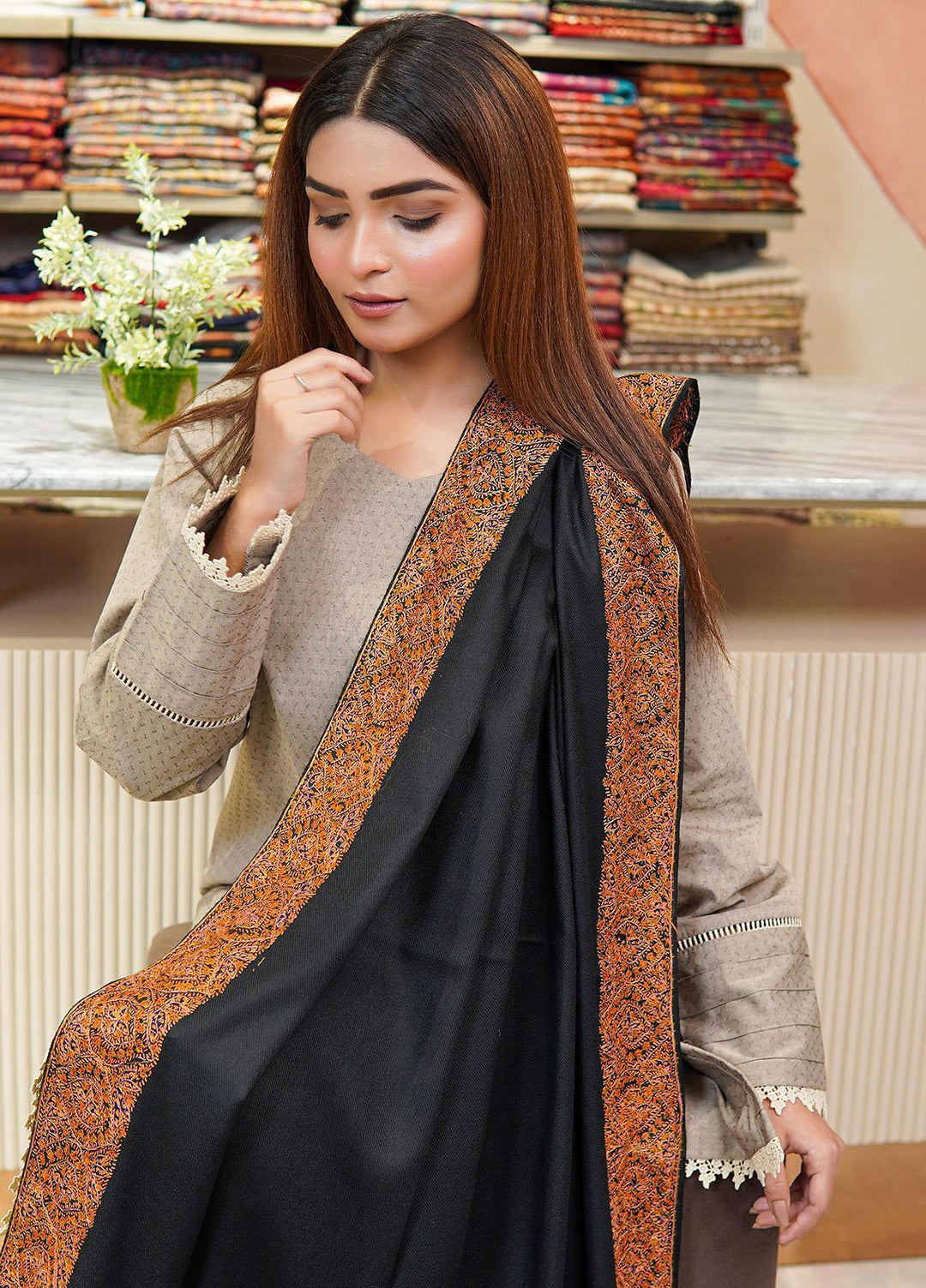 Sanaulla Exclusive Range  Pashmina  Shawls Top Dour DD KPS-17 Black - Pashmina Shawls