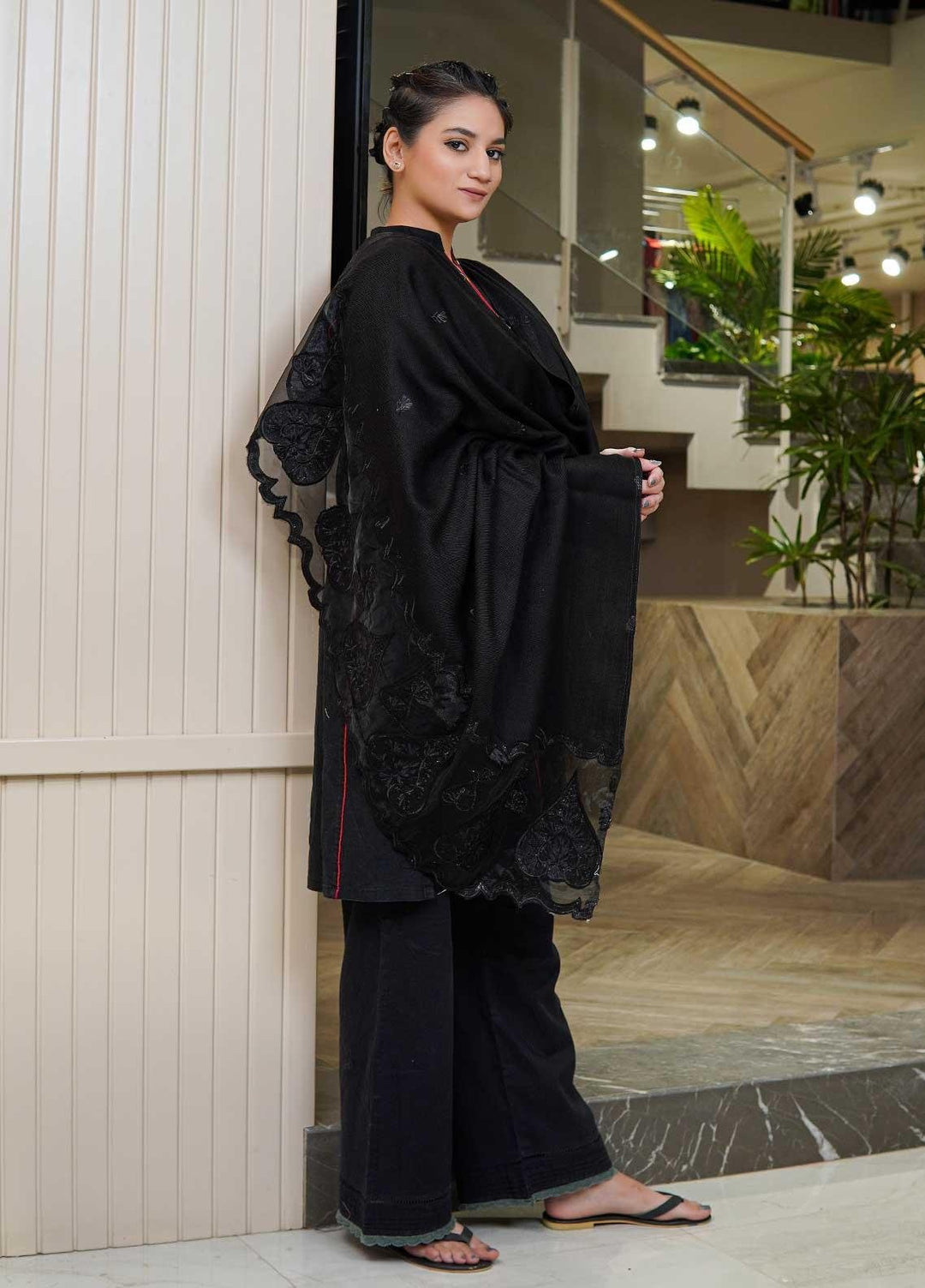 Sanaulla Exclusive Range  Pashmina  Shawls Tissue Palla C KPS-46 Black - Pashmina Shawls
