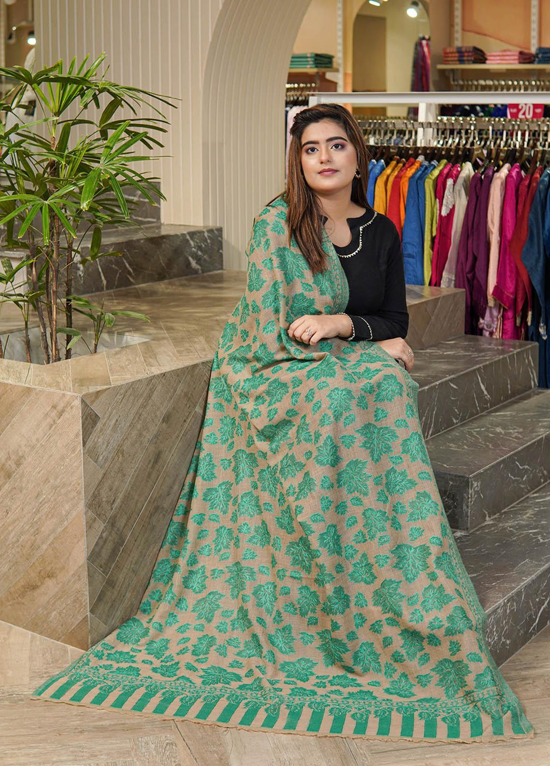 Sanaulla Exclusive Range  Pashmina  Shawls MAMA-06 Green      - Pashmina Shawls