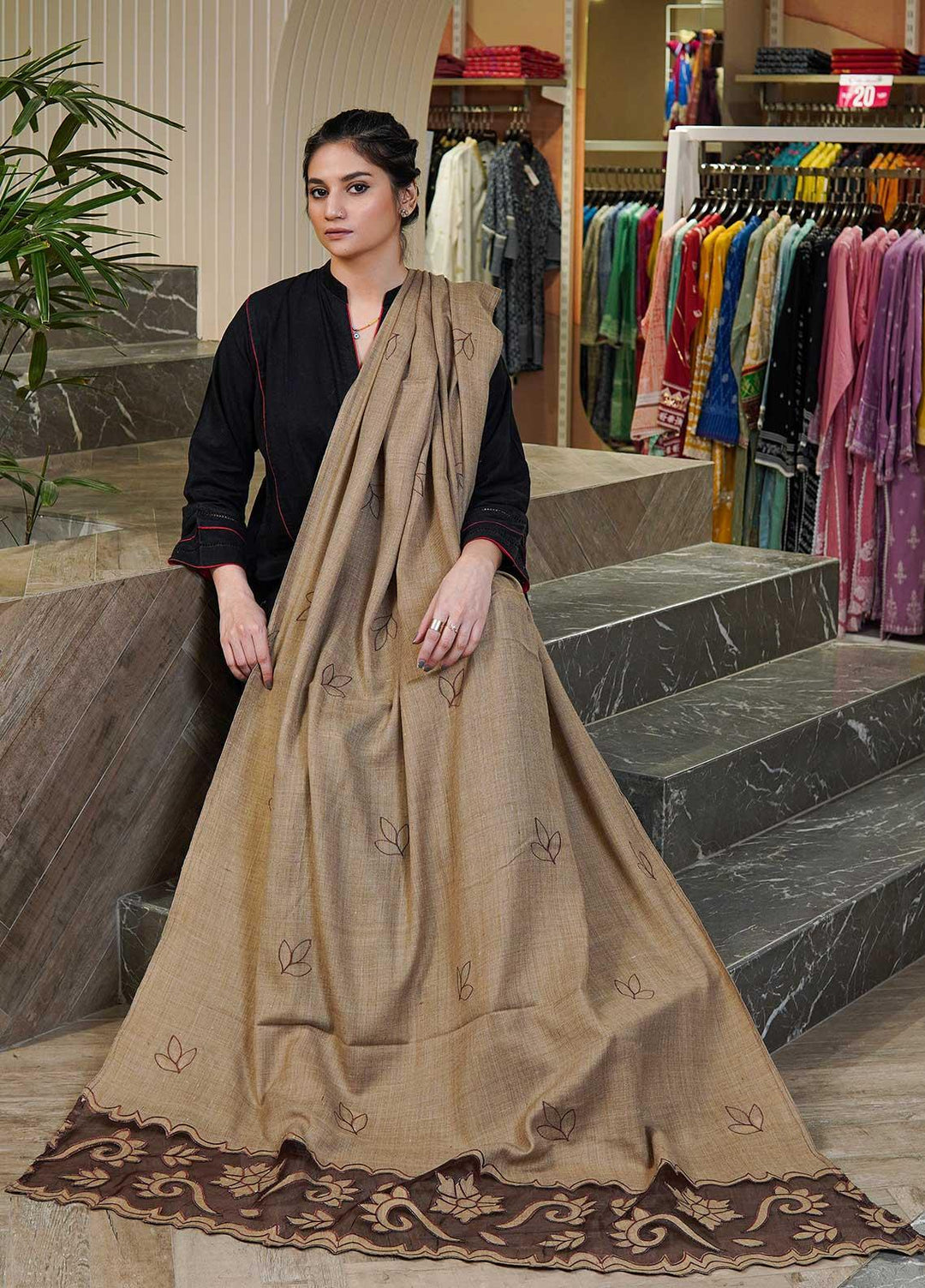 Sanaulla Exclusive Range  Pashmina  Shawls Tissue Palla C KPS-46 Brown03 - Pashmina Shawls