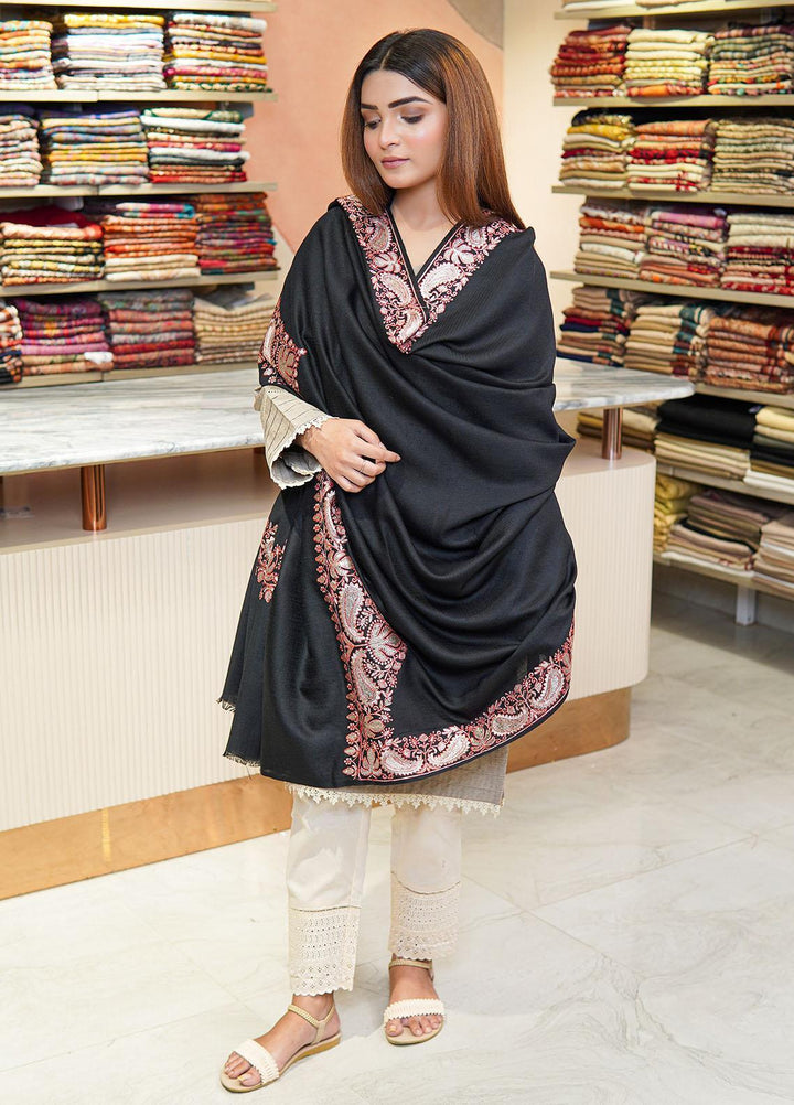 Sanaulla Exclusive Range  Pashmina  Shawls Zarri Pasily Chanar Boder Jw KPS-57 Black - Pashmina Shawls