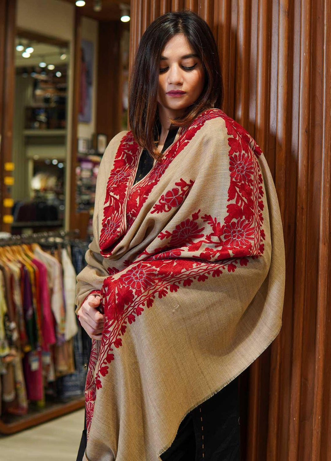 Sanaulla Exclusive Range  Pashmina  Shawls MAMA-27 Fawn-1 - Pashmina Shawls