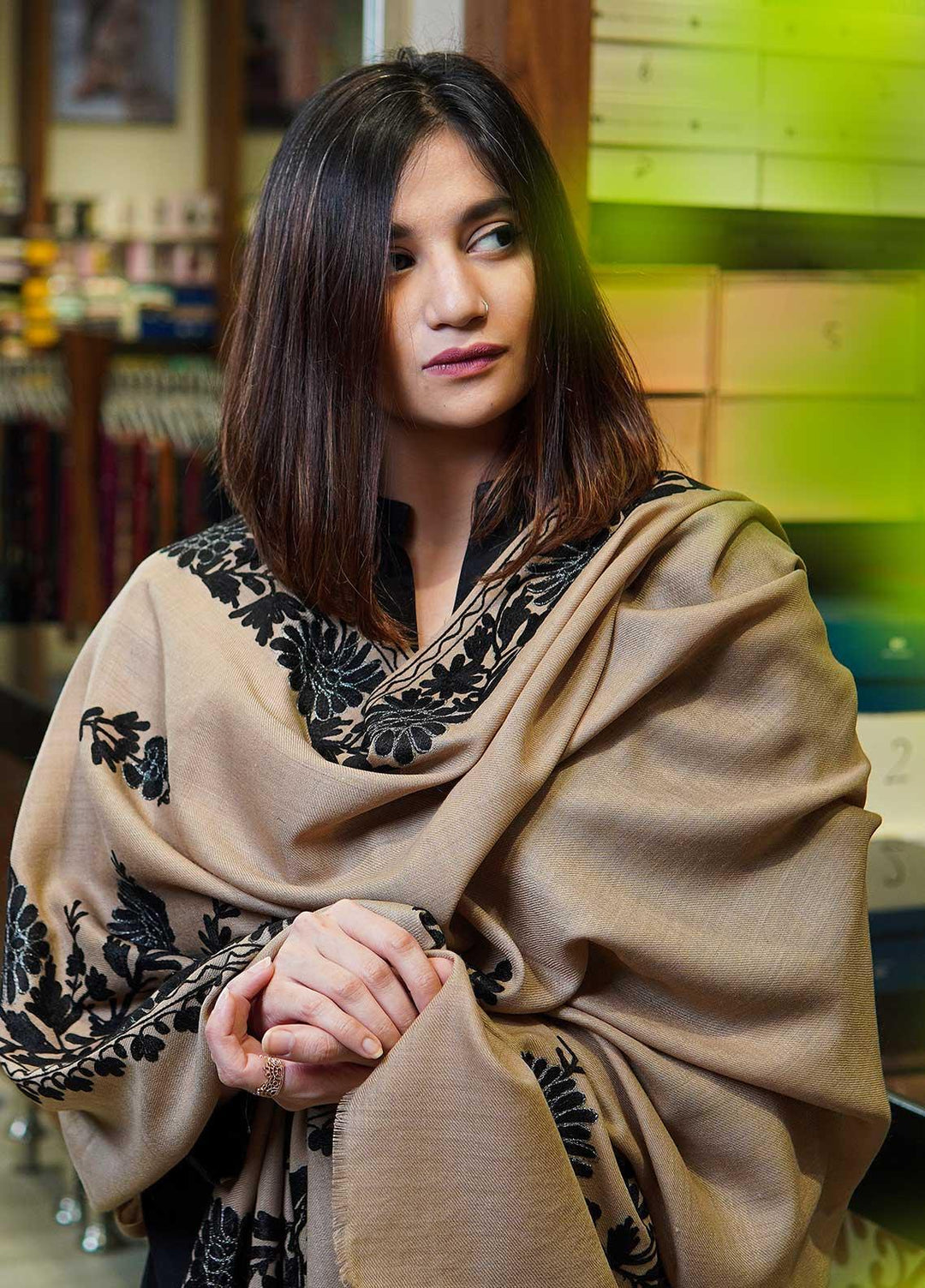 Sanaulla Exclusive Range  Pashmina  Shawls MAMA-27 Fawn-2 - Pashmina Shawls