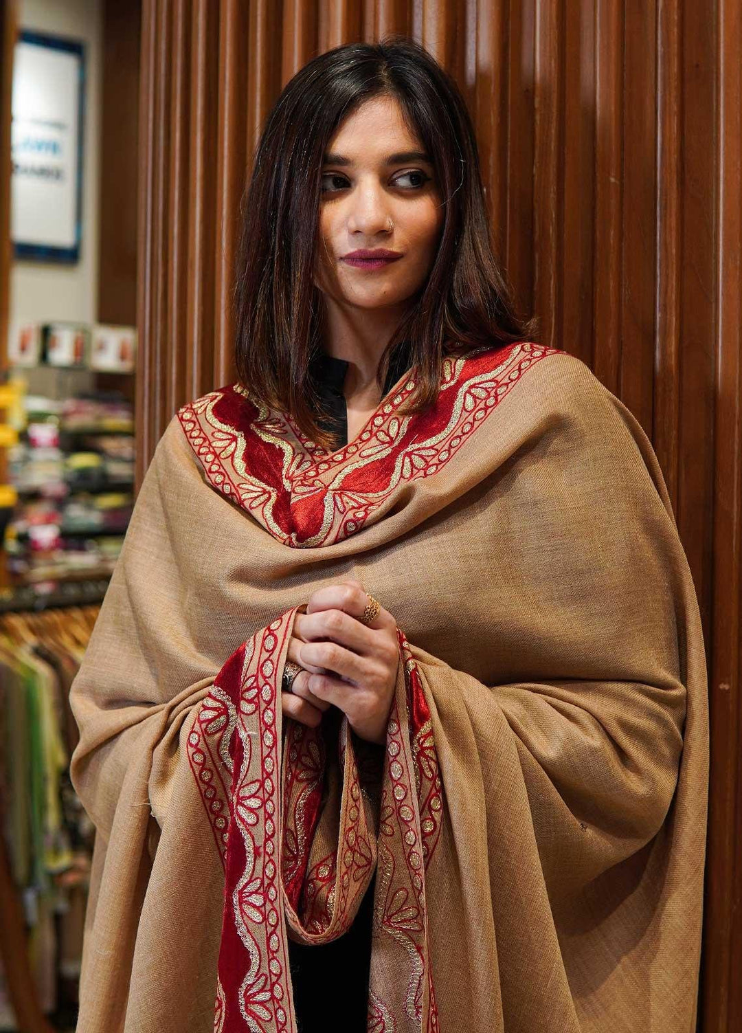 Sanaulla Exclusive Range  Pashmina  Shawls MAMA-27 Brown-4 - Pashmina Shawls