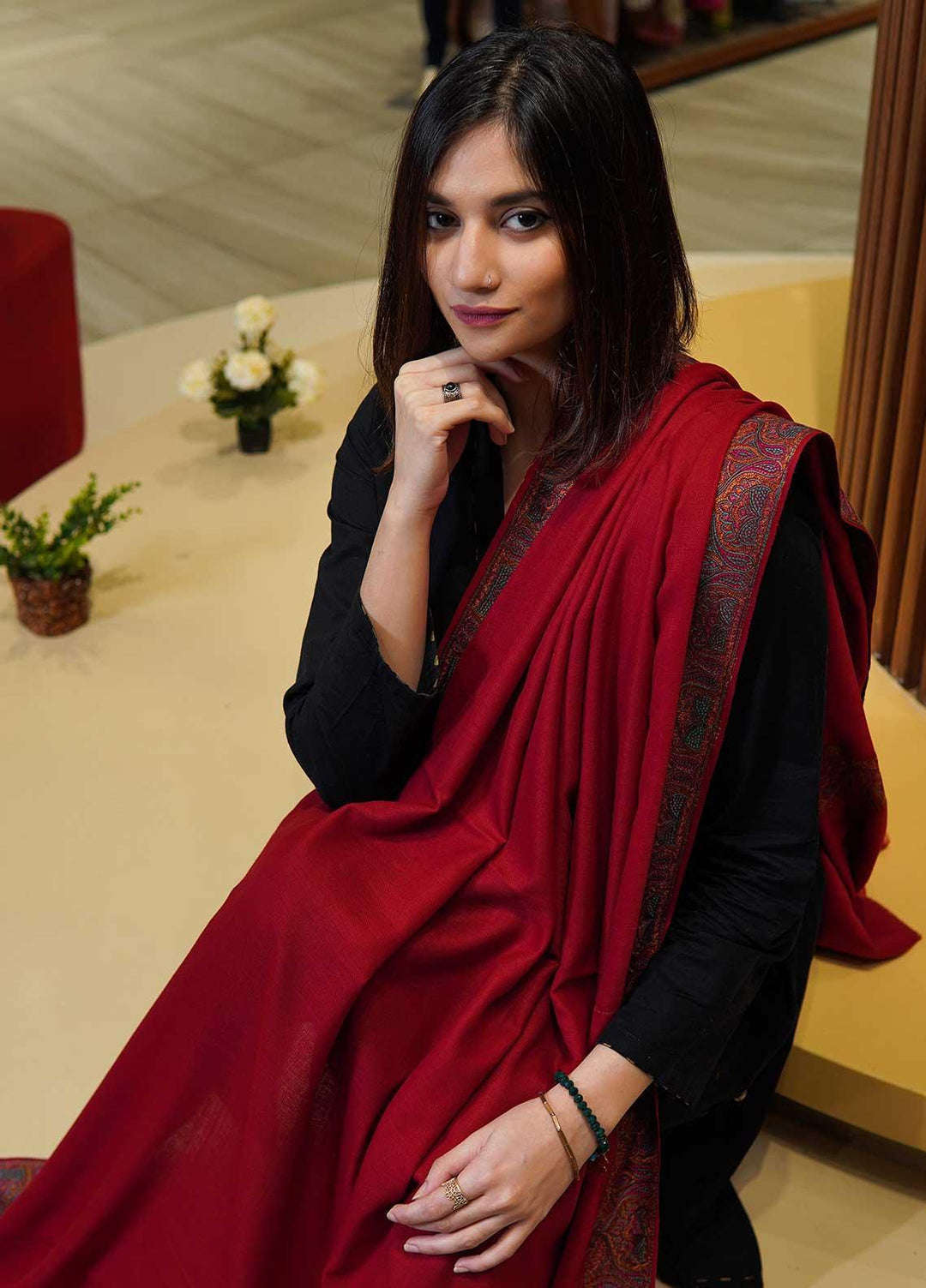 Sanaulla Exclusive Range  Pashmina  Shawls MAMA-31 Maroon - Pashmina Shawls