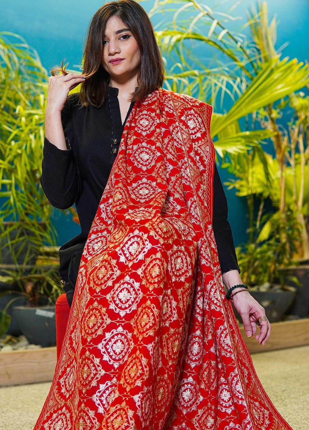 Sanaulla Exclusive Range  Pashmina  Shawls MAMA-38 Red-2 - Pashmina Shawls