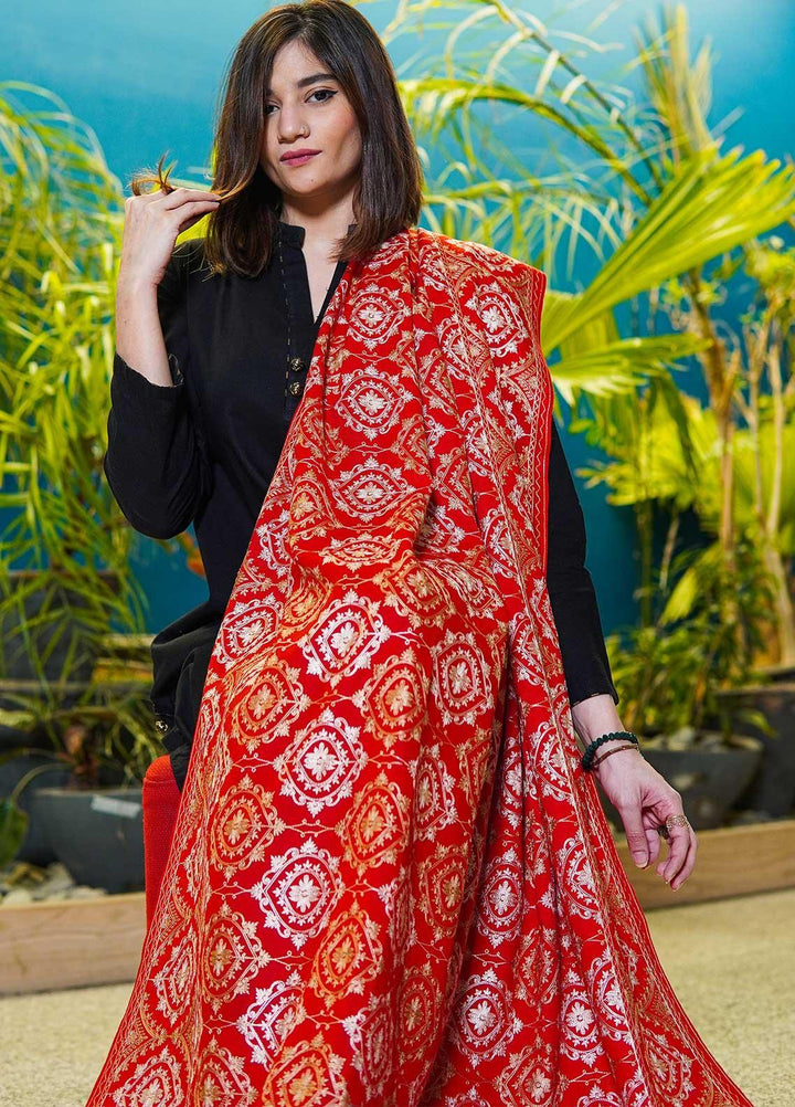 Sanaulla Exclusive Range  Pashmina  Shawls MAMA-38 Red-2 - Pashmina Shawls