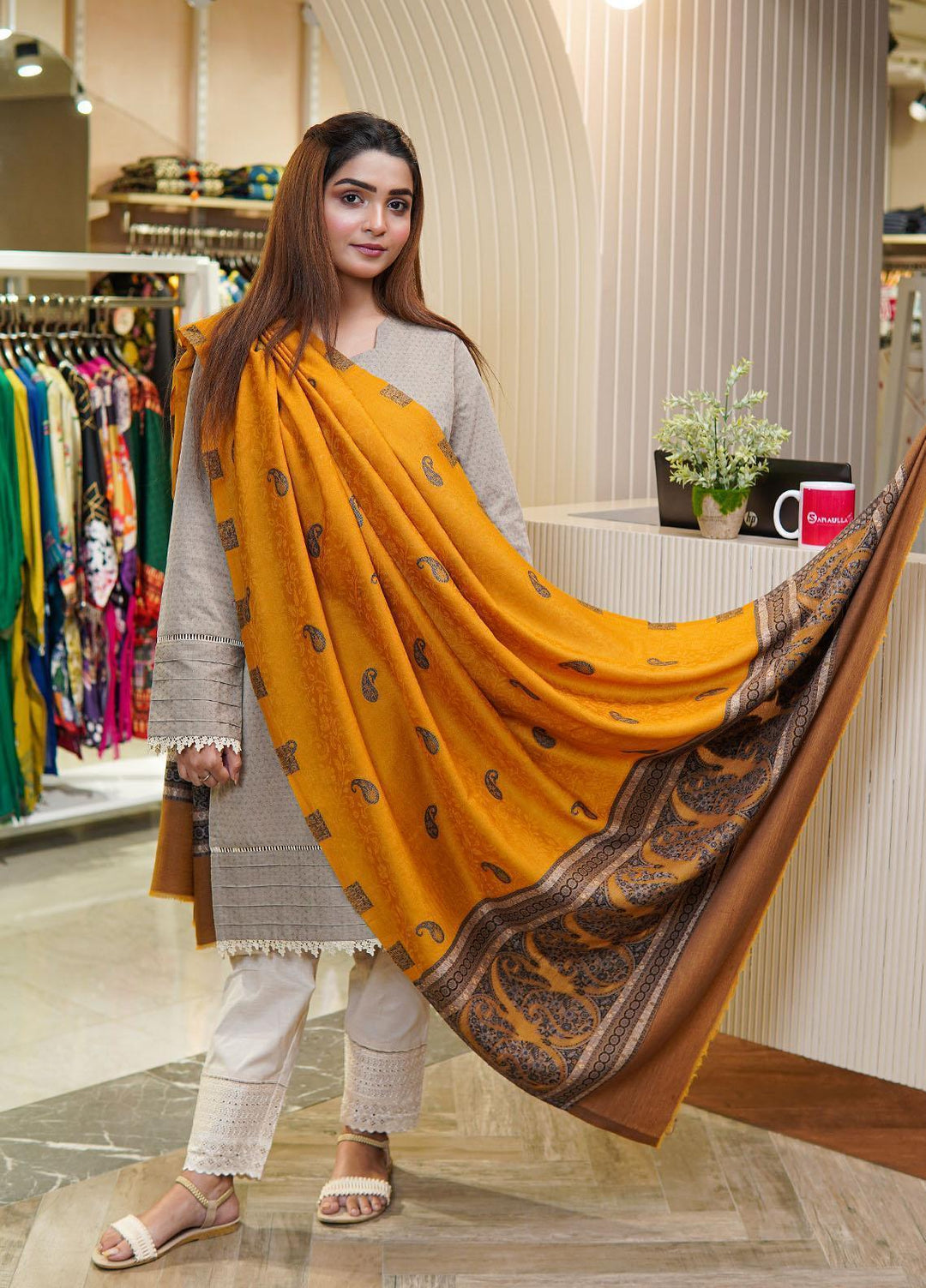 Sanaulla Exclusive Range  Pashmina  Shawls MAMA-07 Mustard-2 - Pashmina Shawls