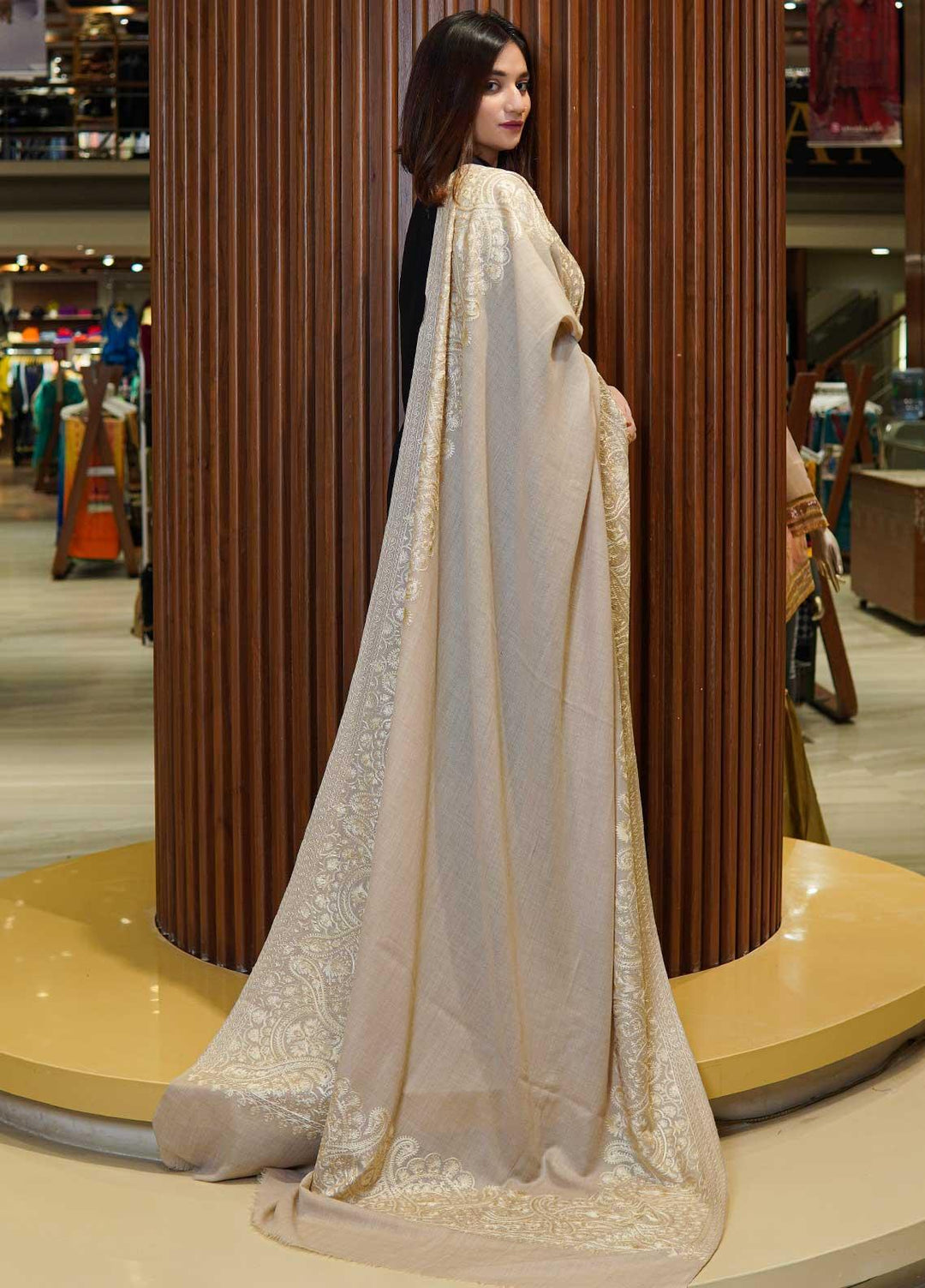 Sanaulla Exclusive Range  Pashmina  Shawls MAMA-38 Beige-2 - Pashmina Shawls