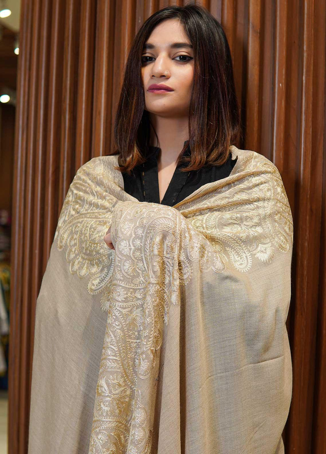 Sanaulla Exclusive Range  Pashmina  Shawls MAMA-38 Beige-2 - Pashmina Shawls