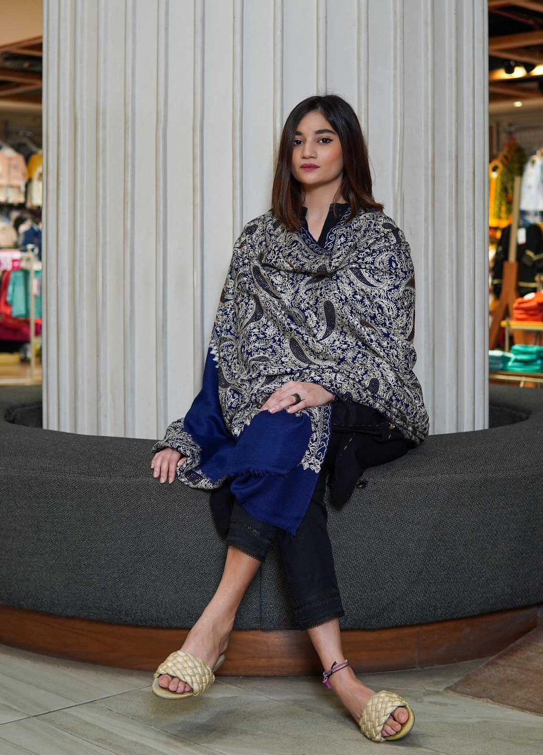 Sanaulla Exclusive Range  Pashmina  Shawls MAMA-39 Blue - Pashmina Shawls