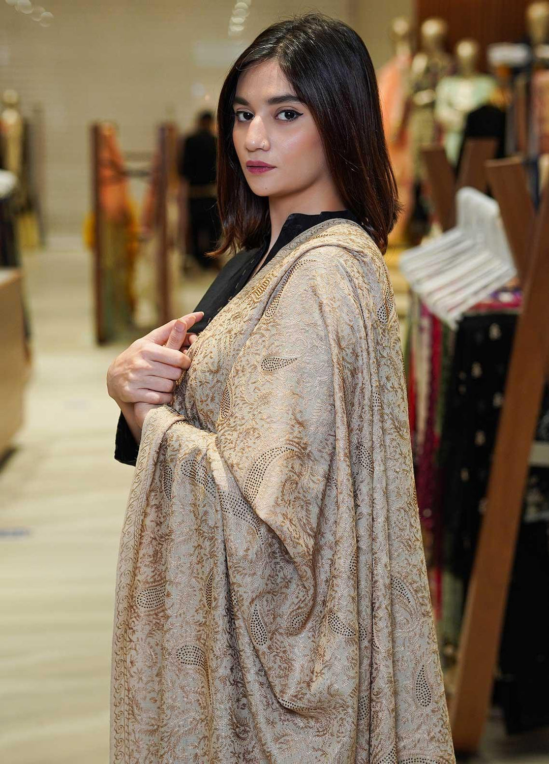 Sanaulla Exclusive Range  Pashmina  Shawls MAMA-39 Fawn-1 - Pashmina Shawls