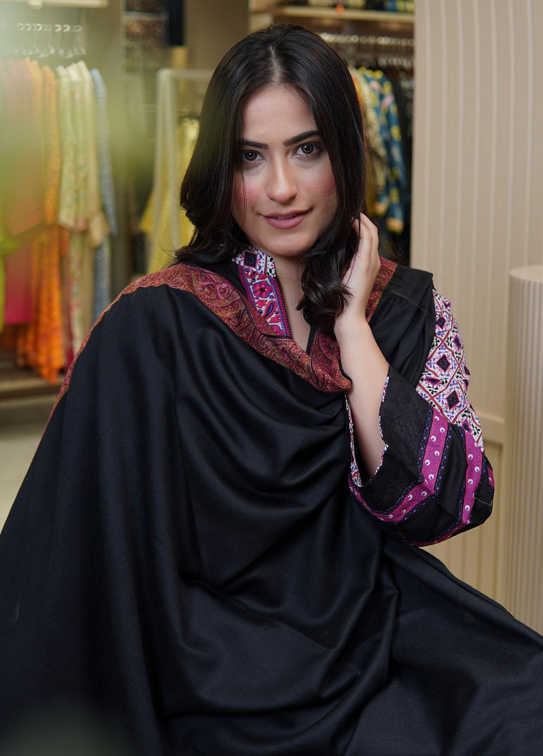 Sanaulla Exclusive Range  Pashmina  Shawls Mh Dour Sdt KPS-09 Black01 - Pashmina Shawls