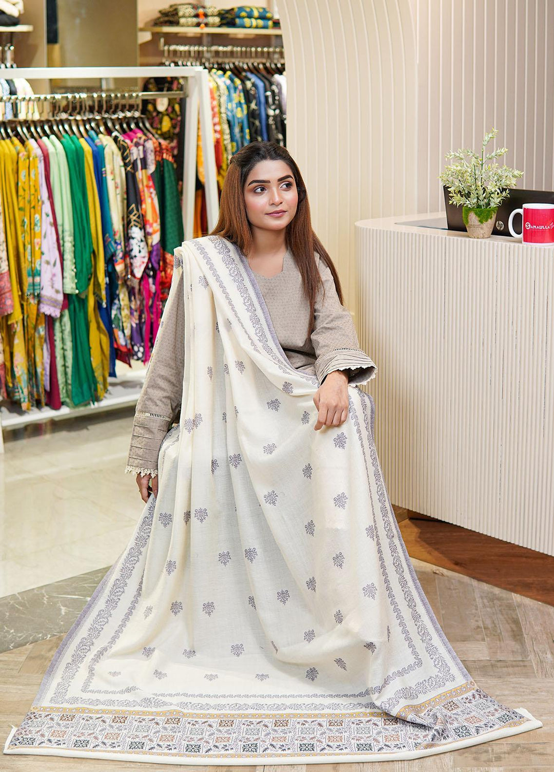 Sanaulla Exclusive Range  Pashmina  Shawls MAMA-07 Off White-1 - Pashmina Shawls