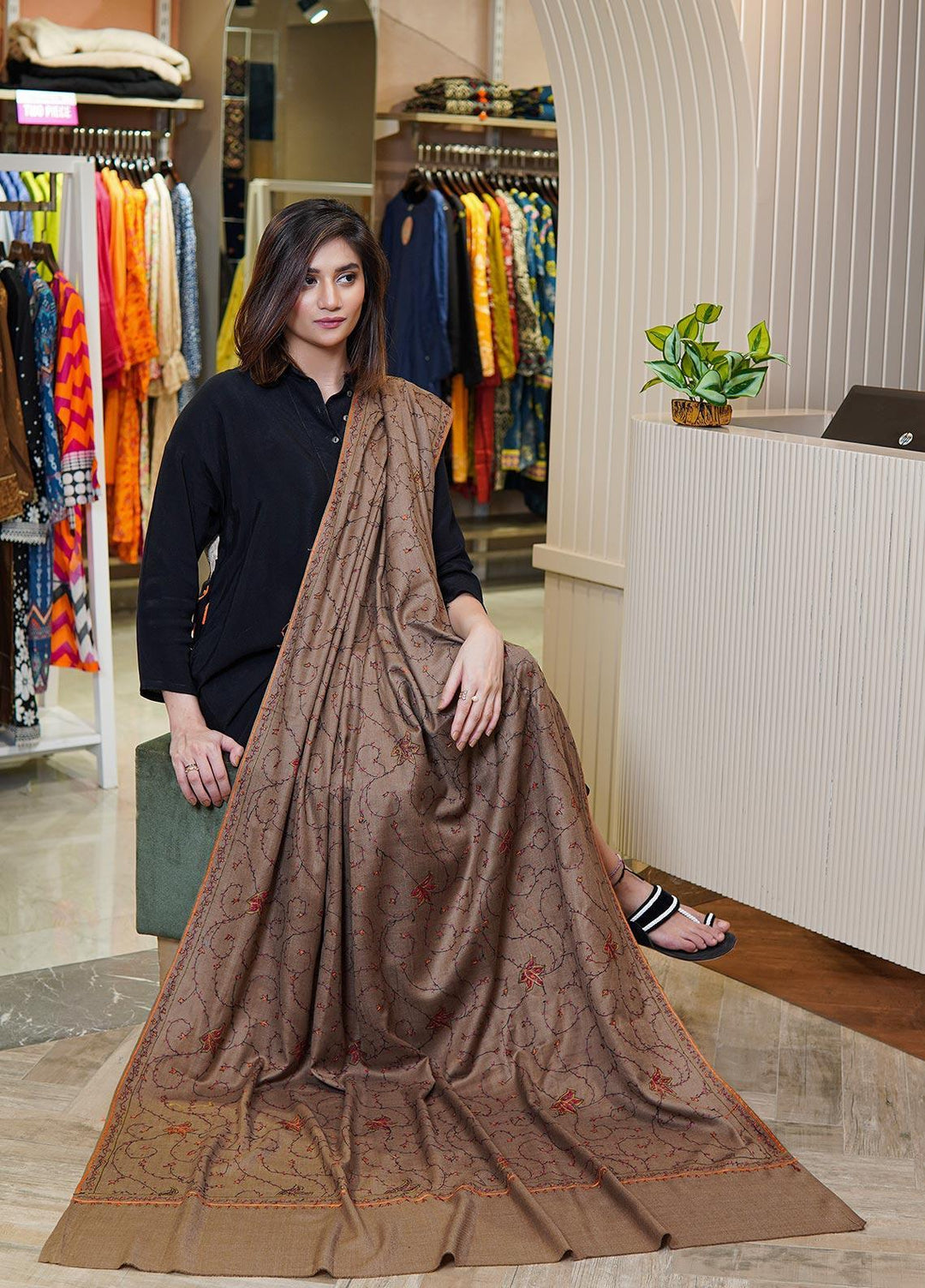 Sanaulla Exclusive Range  Pashmina  Shawls MAMA-17 Brown-2 - Pashmina Shawls