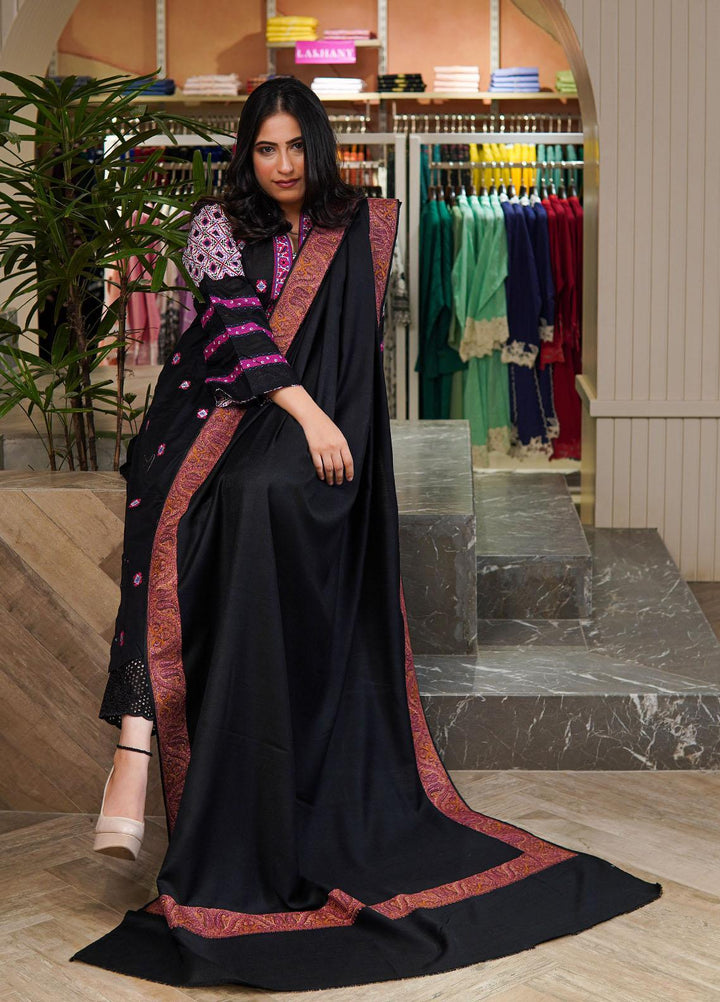 Sanaulla Exclusive Range  Pashmina  Shawls Mh Dour Sdt KPS-09 Black02 - Pashmina Shawls