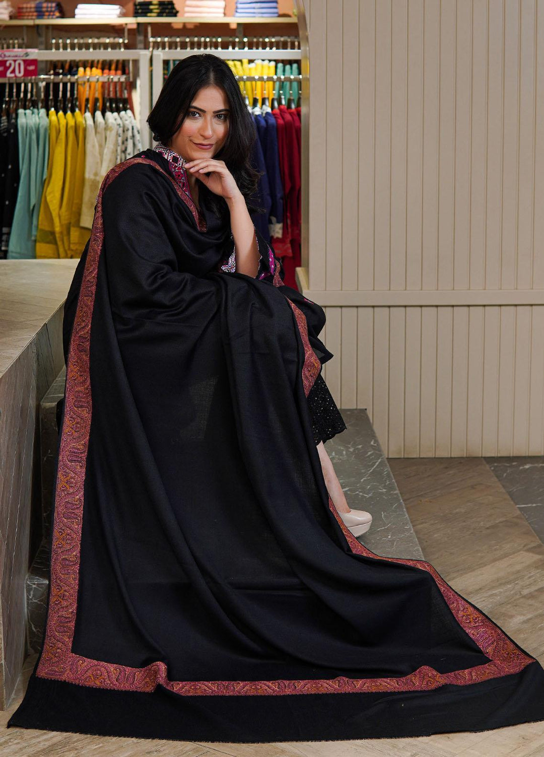 Sanaulla Exclusive Range  Pashmina  Shawls Mh Dour Sdt KPS-09 Black02 - Pashmina Shawls