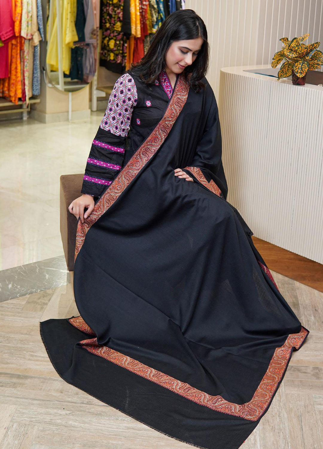 Sanaulla Exclusive Range  Pashmina  Shawls Mh Dour Sdt KPS-09 Black03 - Pashmina Shawls