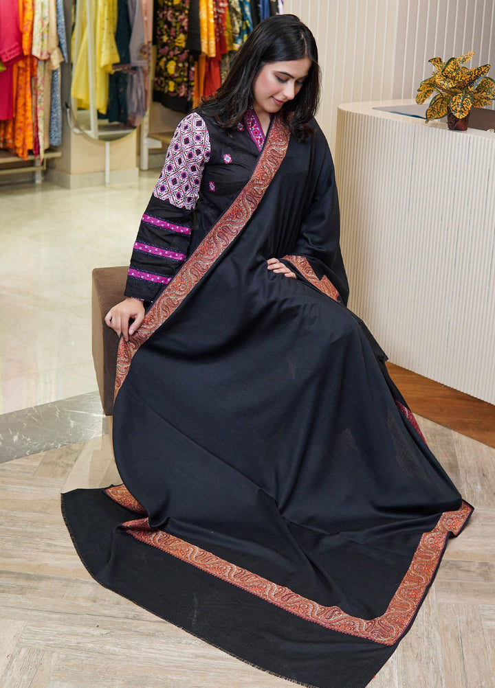 Sanaulla Exclusive Range  Pashmina  Shawls Mh Dour Sdt KPS-09 Black03 - Pashmina Shawls