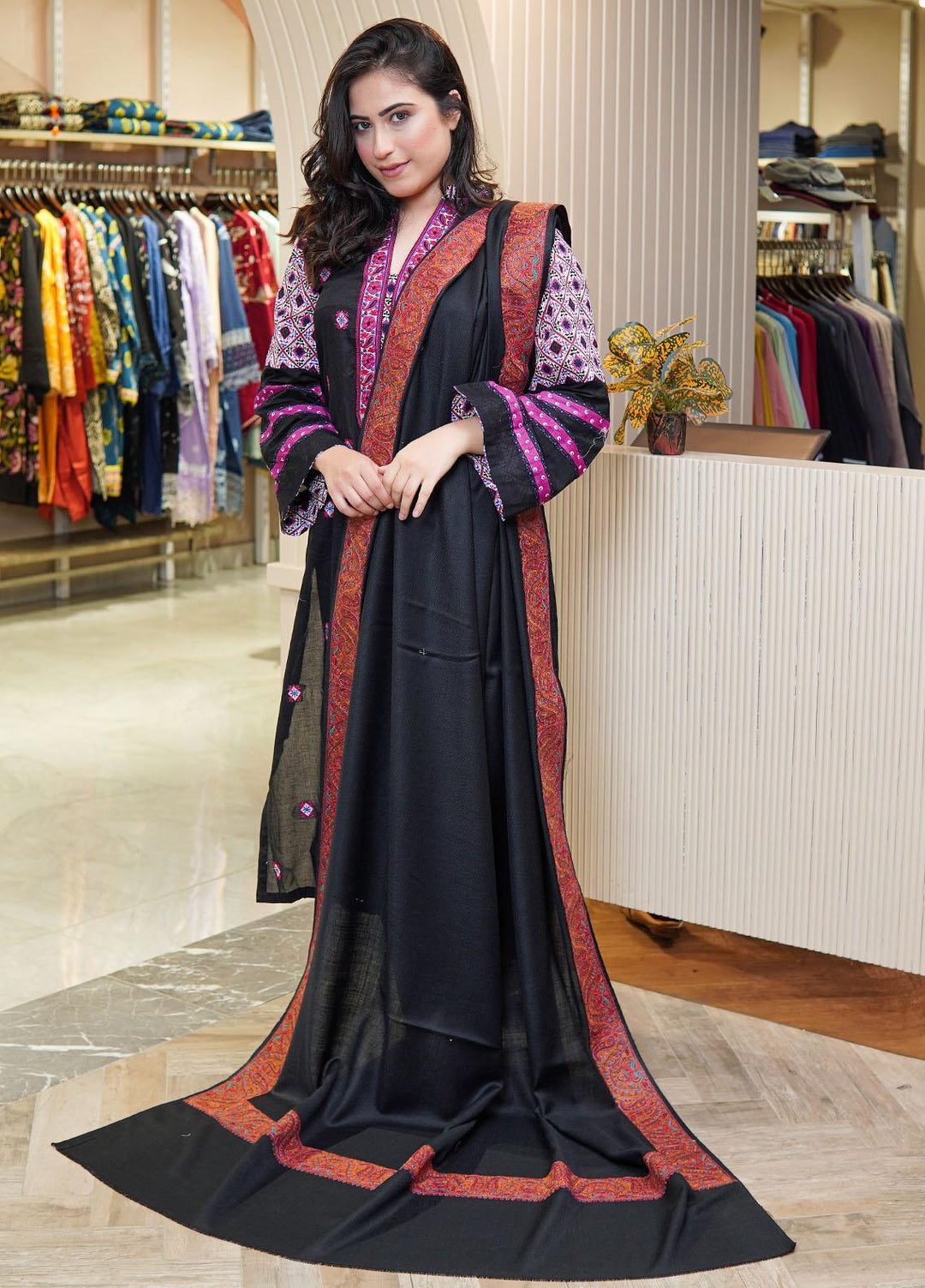 Sanaulla Exclusive Range  Pashmina  Shawls Mh Dour Sdt KPS-09 Black04 - Pashmina Shawls