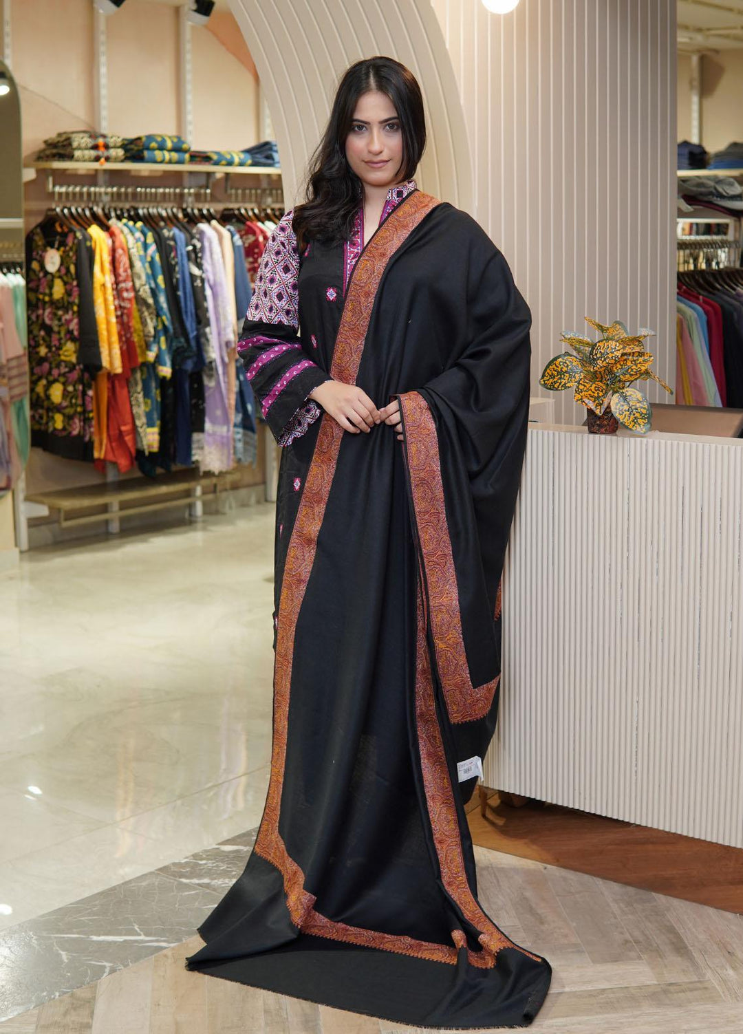 Sanaulla Exclusive Range  Pashmina  Shawls Mh Dour Sdt KPS-09 Black05 - Pashmina Shawls